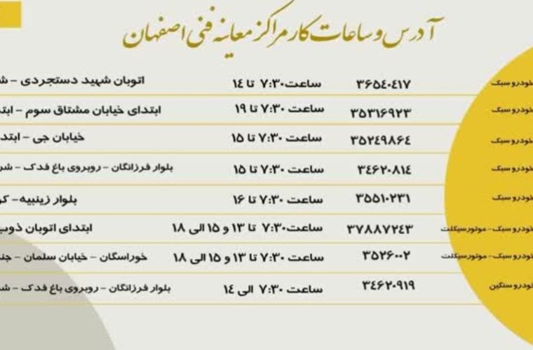 بازگشت ساعت کاری مراکز معاینه فنی خودروی شهر اصفهان به ۷:۳۰ بازگشت ساعت کاری مراکز معاینه فنی خودروی شهر اصفهان به ۷:۳۰